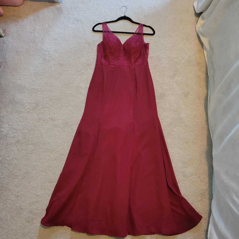 Azazie Burgundy V-Neck Lace Bodice Evening Gown - Picture 3 of 8